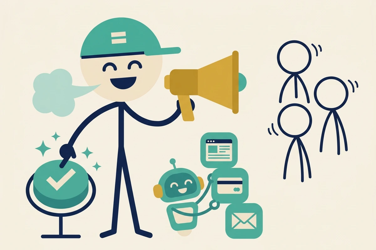 Illustration: a relieved AlexC presses a big approve button while his robot helper holds up the finished page, payment card and email; with his other hand he speaks through a megaphone to three people, the buyers he goes to find