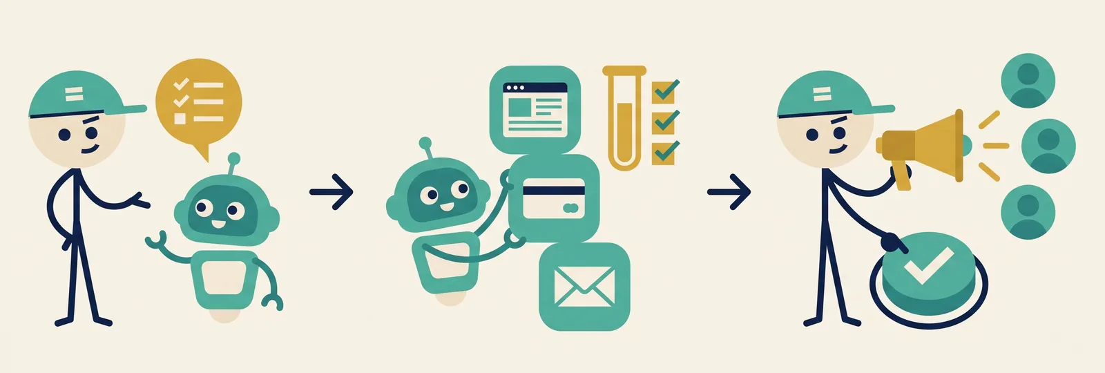 Illustration in three steps: you brief your agent, it builds the page, checkout and emails and test-drives them, you approve and go find buyers