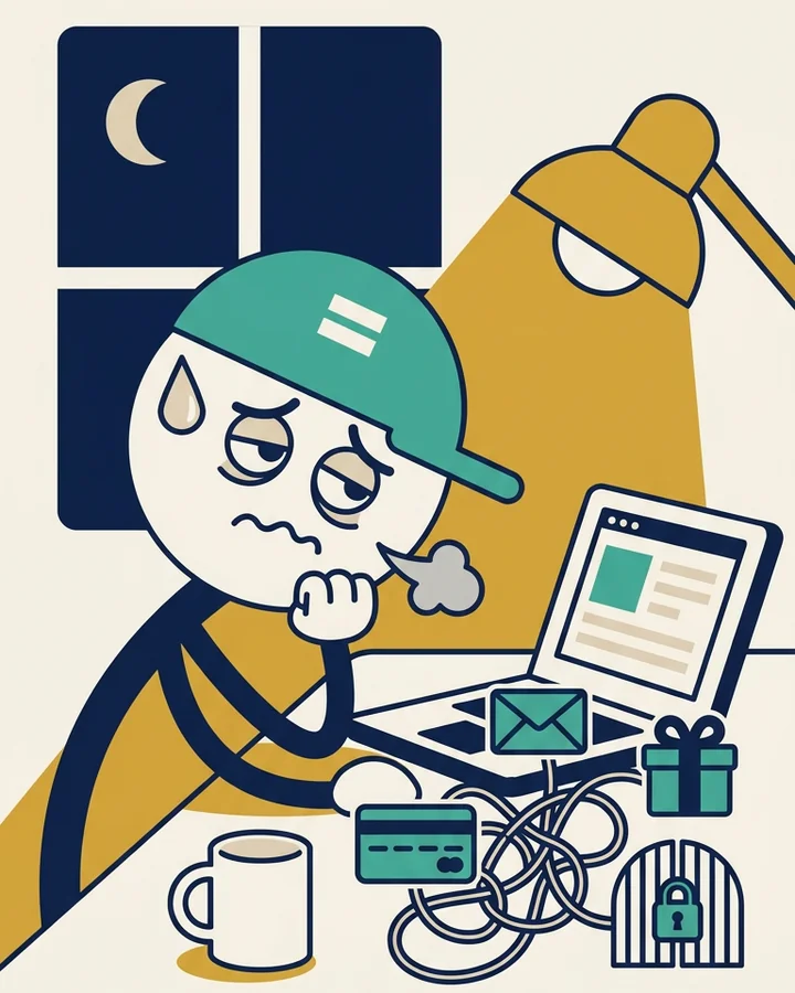 Illustration: late at night, a tired AlexC sighs at his laptop. The web page on screen is finished, but the cables to a payment card, an envelope, a gift box and a locked gate lie in a tangled knot.