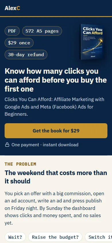 aff.iamalexc.com sales page on a phone