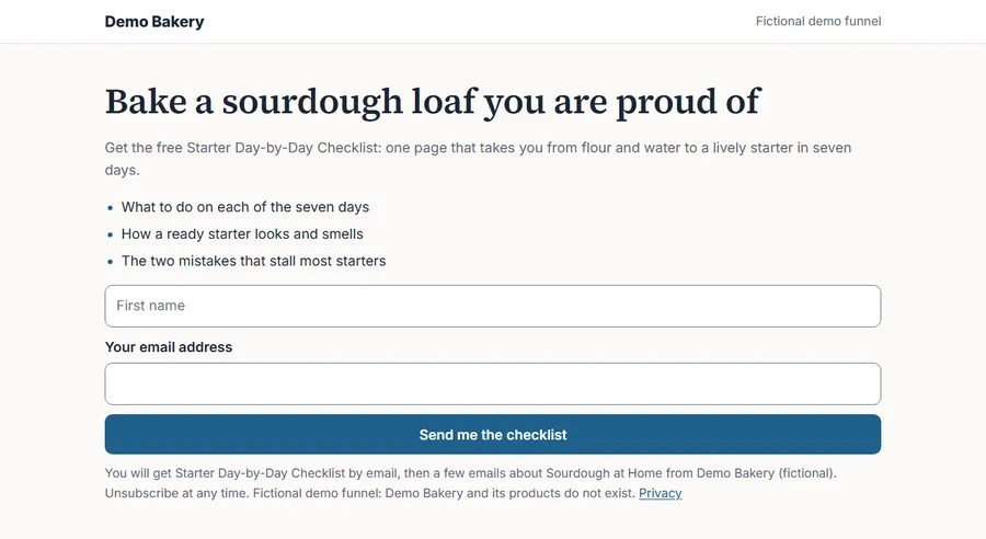 Sign-up page written from the demo answers