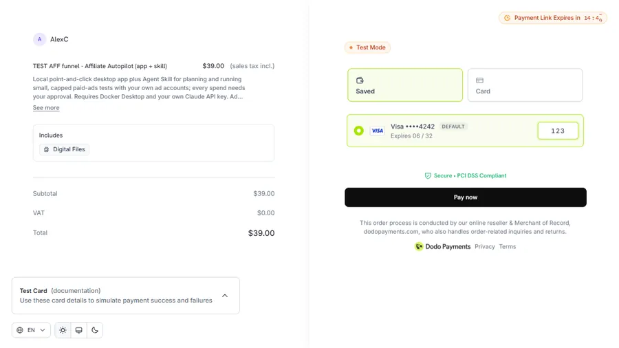 Dodo Payments test checkout for an upsell